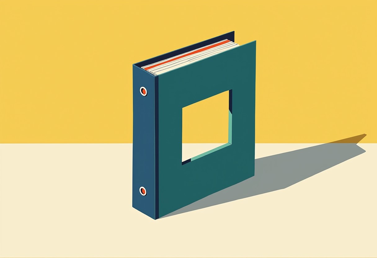 A teal ring binder with a square hole cut through its front cover stands upright against a yellow and cream background, casting a long shadow.