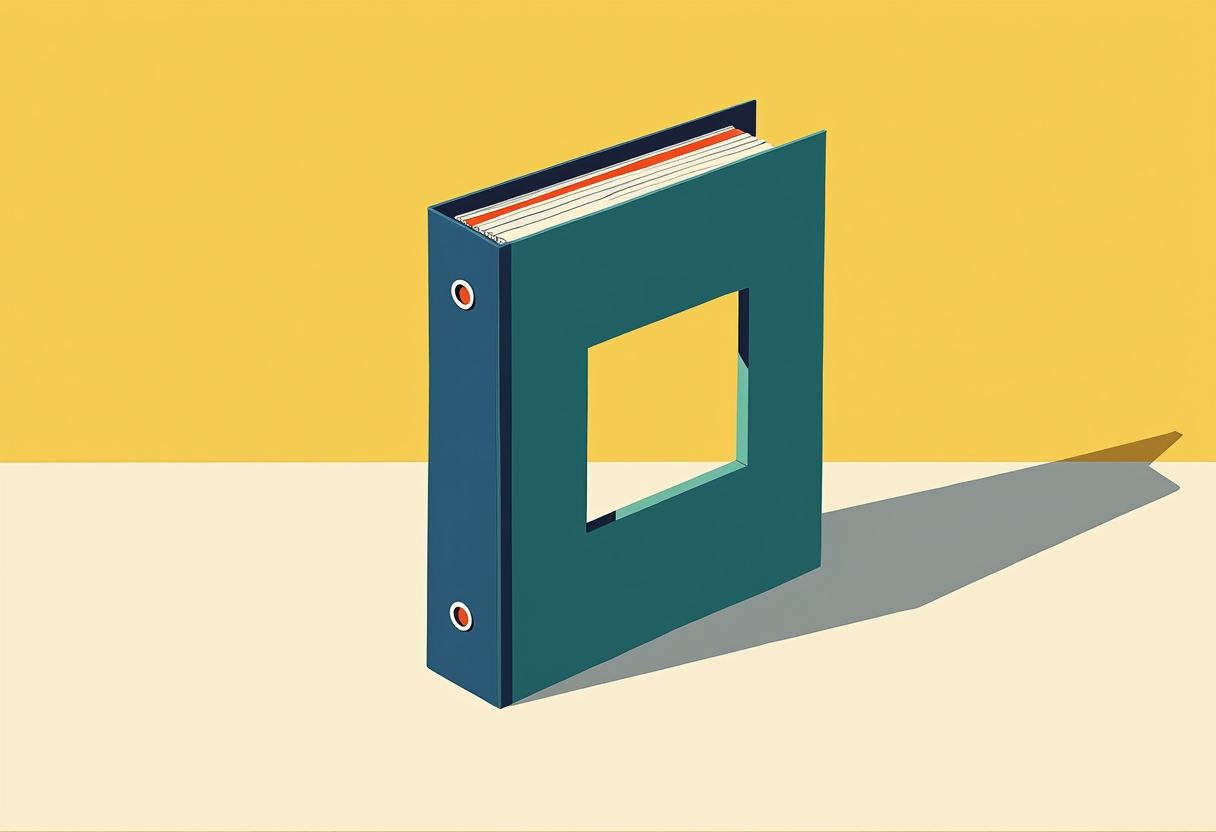 A teal ring binder with a square hole cut through its front cover stands upright against a yellow and cream background, casting a long shadow.