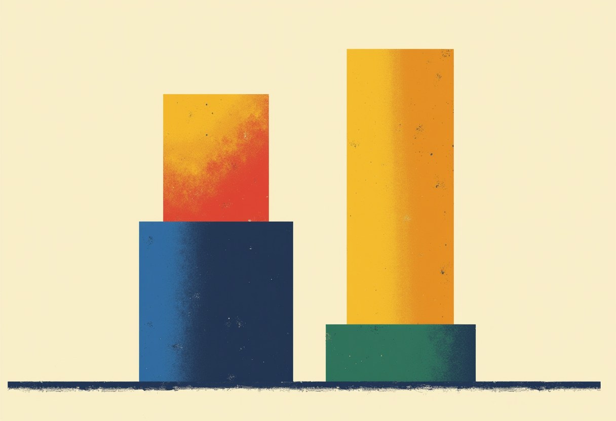 Two mismatched bar-chart stacks on a cream background: a shorter blue bar topped by a red-orange bar, and a taller green bar topped by a yellow-orange bar.