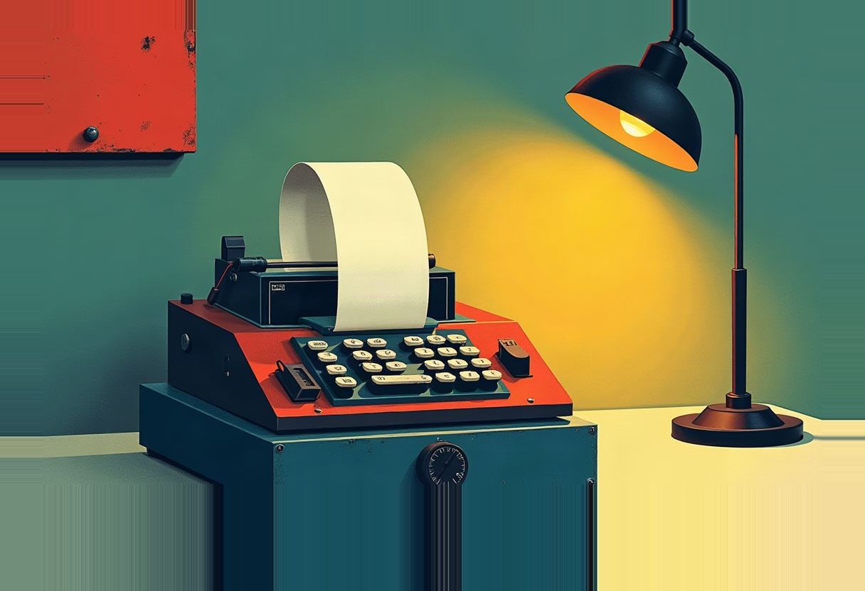 Flat screenprint-style illustration of a vintage mechanical adding machine on a bare government-issue metal desk, its paper tape unspooling blank across the desk under one overhead lamp, deep institutional green wall behind