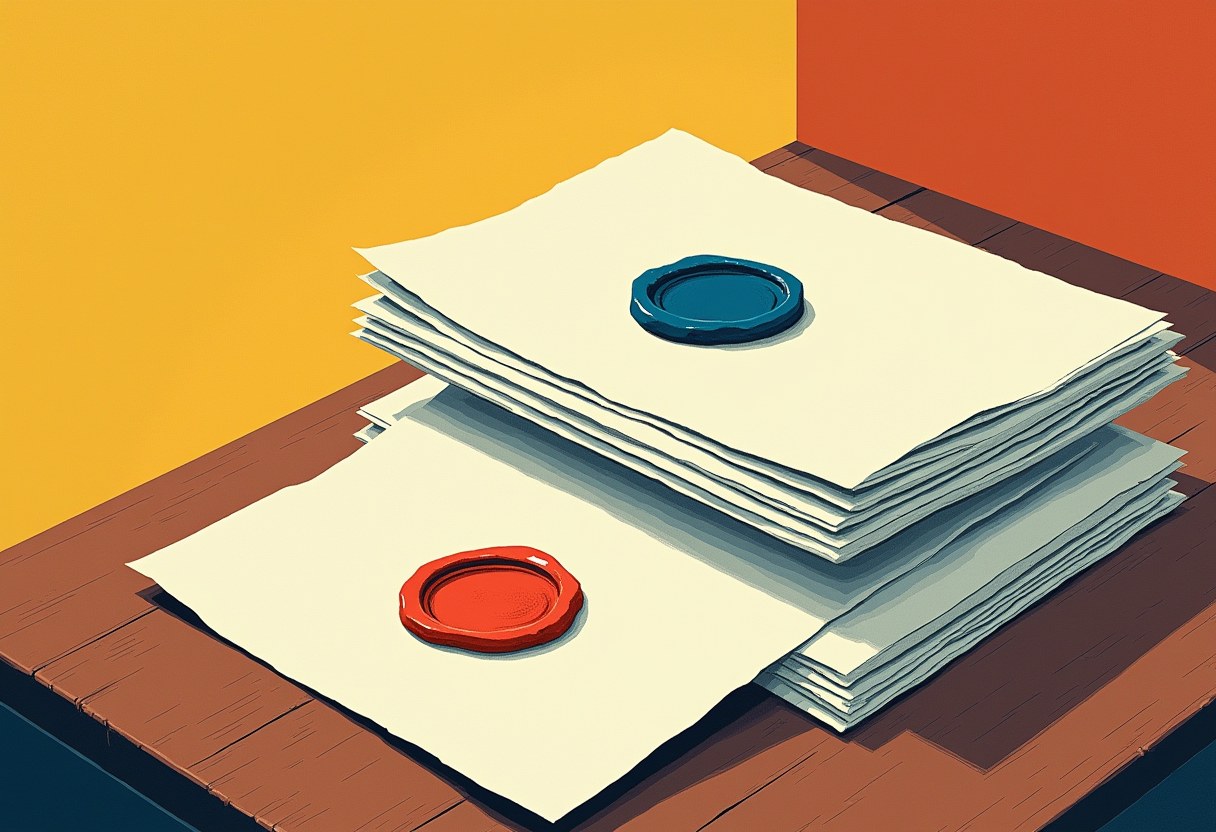 Three overlapping document stacks on a wooden desk with colored wax seals, warm side-light casting long shadows, clean geometric composition