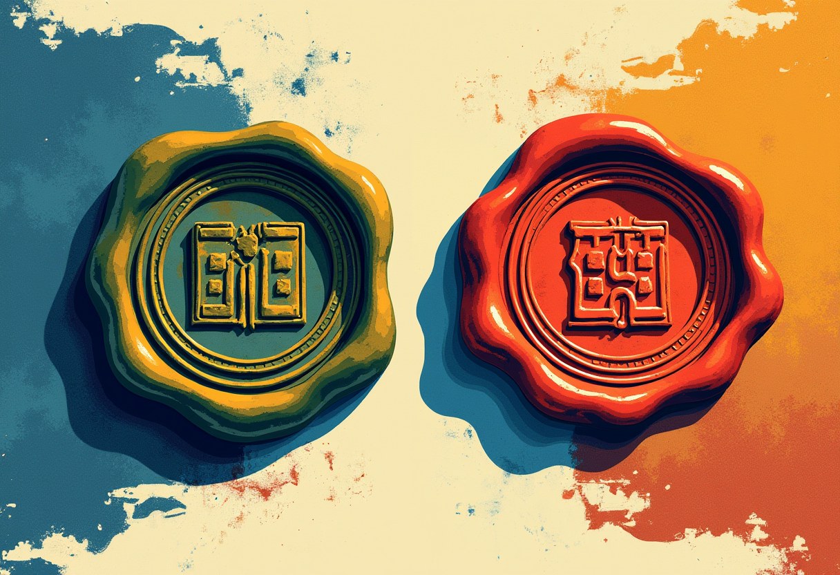 Two identical official wax seals on dark wood lit from opposite sides by cool blue and warm amber light, casting shadows in opposite directions
