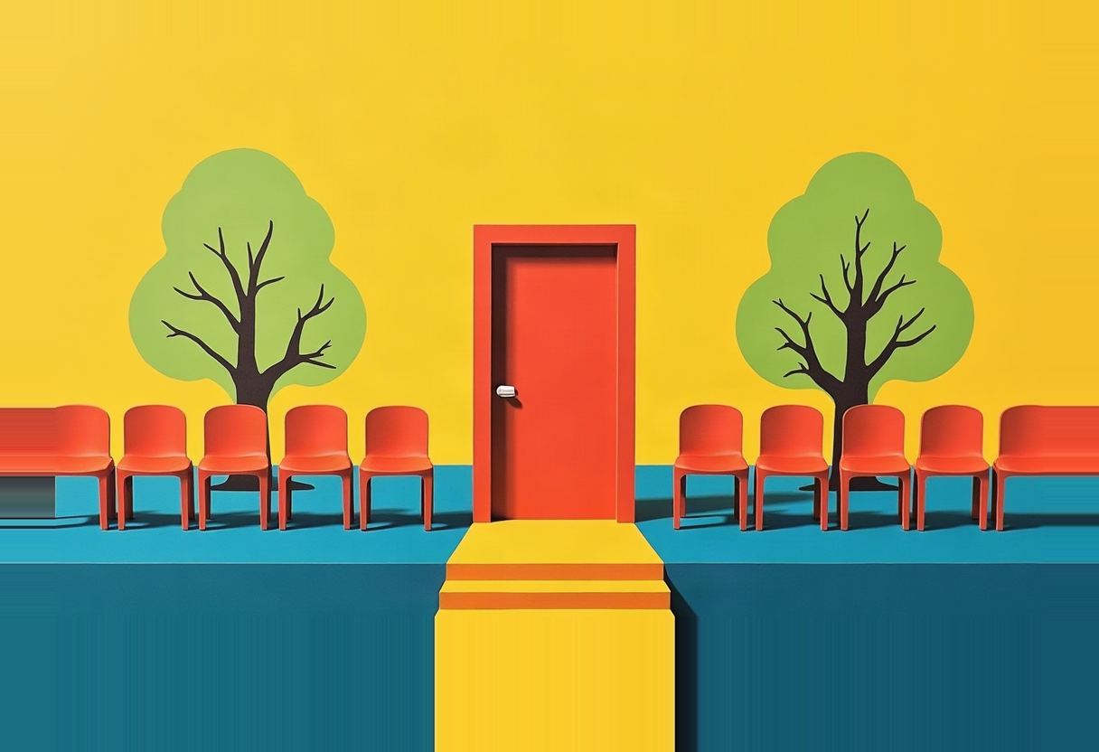 A closed orange door with steps sits between two rows of empty orange chairs and two stylized green trees, set against a yellow wall and teal floor.