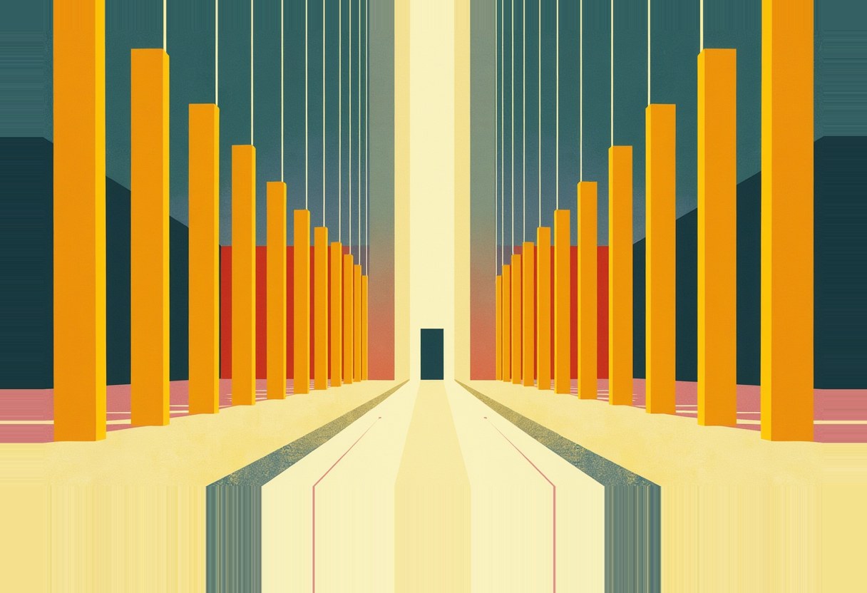 Two symmetrical rows of tall orange columns of varying heights recede toward a small dark doorway on a pale path, with dark teal and red bands in the background.