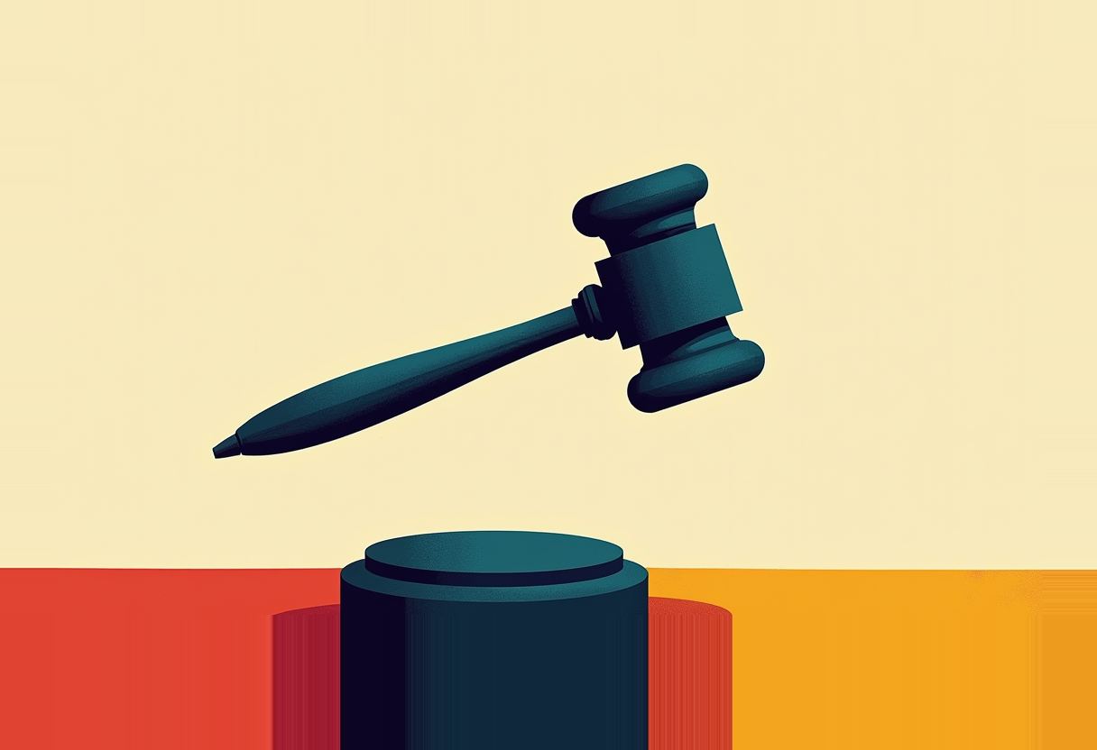 A dark teal gavel, handle angled down-left, hovers above a cylindrical sound block, against a cream background split by a red and orange horizon line.