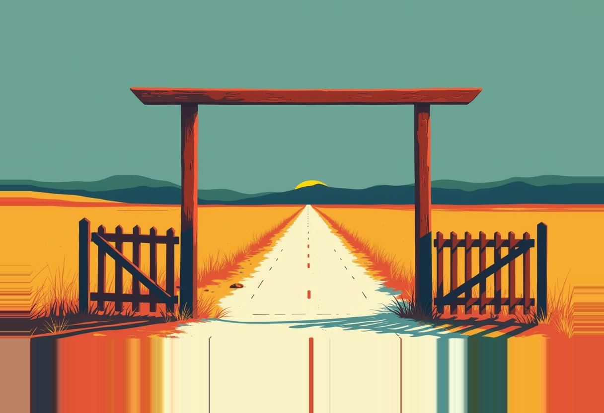 An open wooden gate with two swung-back fence panels stands over a dashed road stretching toward hills and a low sun, teal sky above an orange field, with glitchy colour-banding across the bottom edge.
