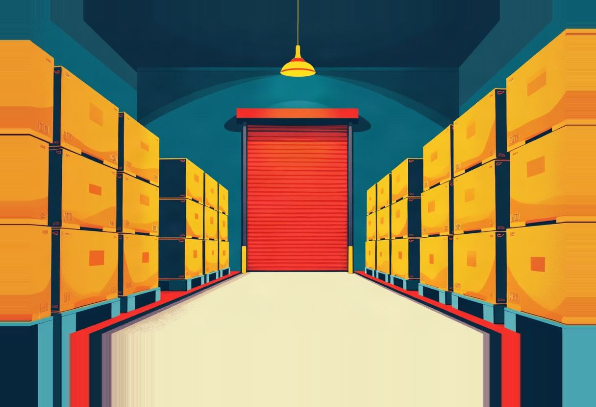 Stylized illustration of a warehouse aisle lined with stacked yellow boxes leading to a closed red roll-up door, lit by a hanging pendant lamp, in teal, red, and mustard tones.