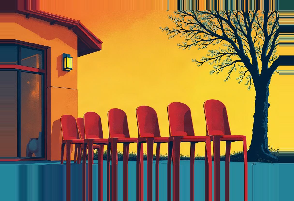 A row of empty red chairs lines a blue walkway beside an orange house under a yellow sky, with a bare dark tree on the right.