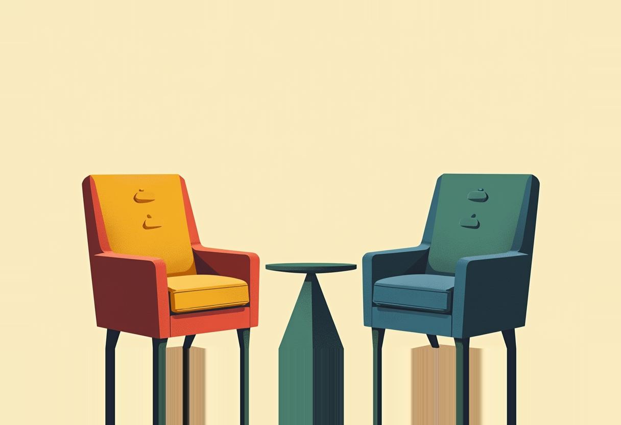 Two empty armchairs, one orange-and-yellow and one teal, face each other across a small round teal table on a pale yellow background.
