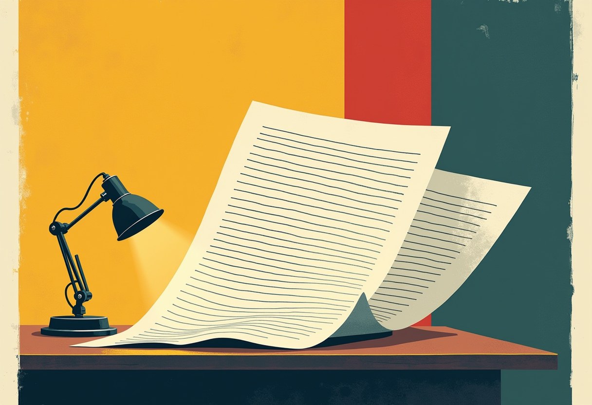 A duplicate carbon-copy sheet peeling away from an original ruled document under a desk lamp, no legible text