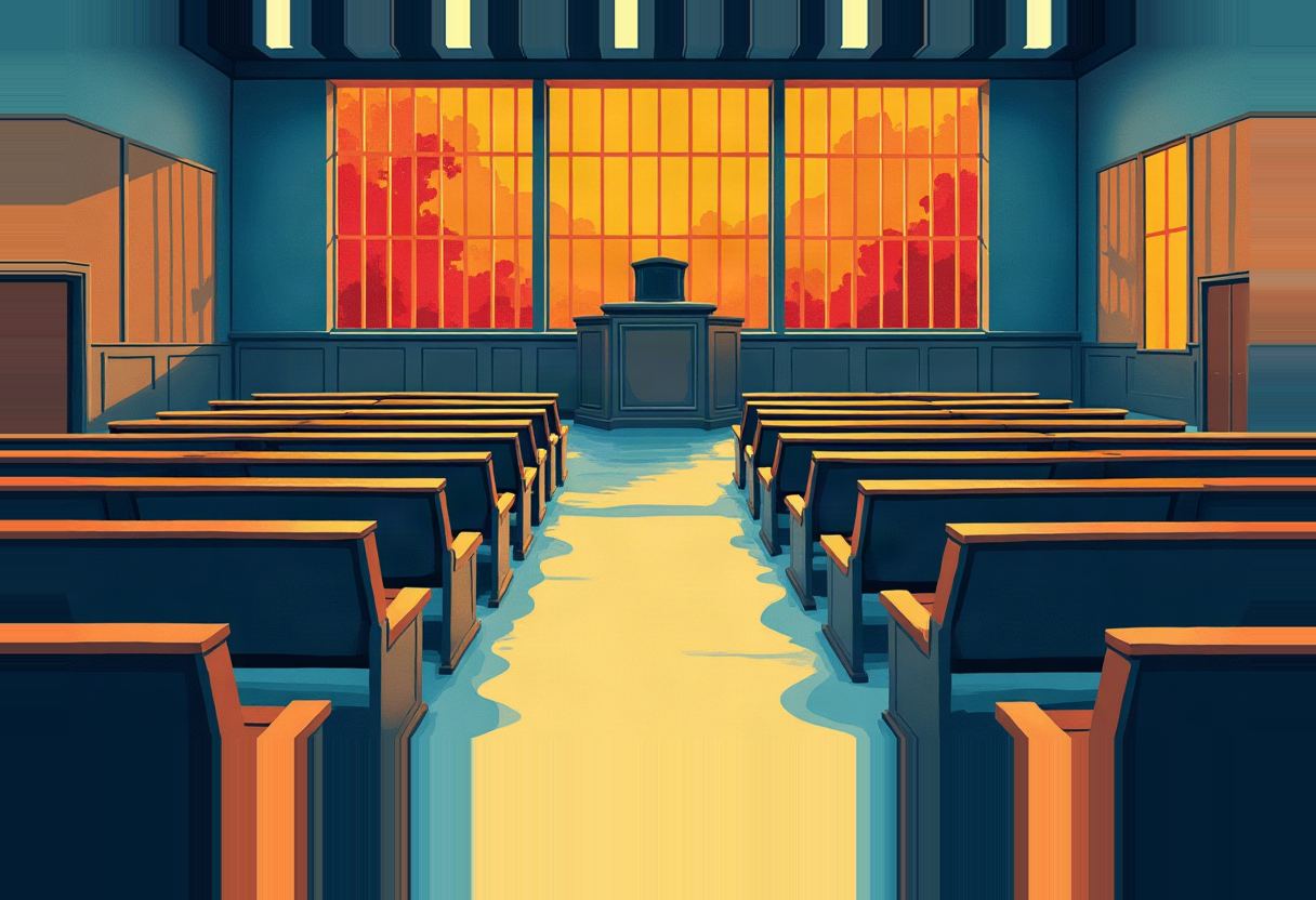 Empty courtroom-like hall with rows of dark wooden pews flanking a glowing yellow aisle leading to a tall podium, lit by three barred windows glowing orange and red.