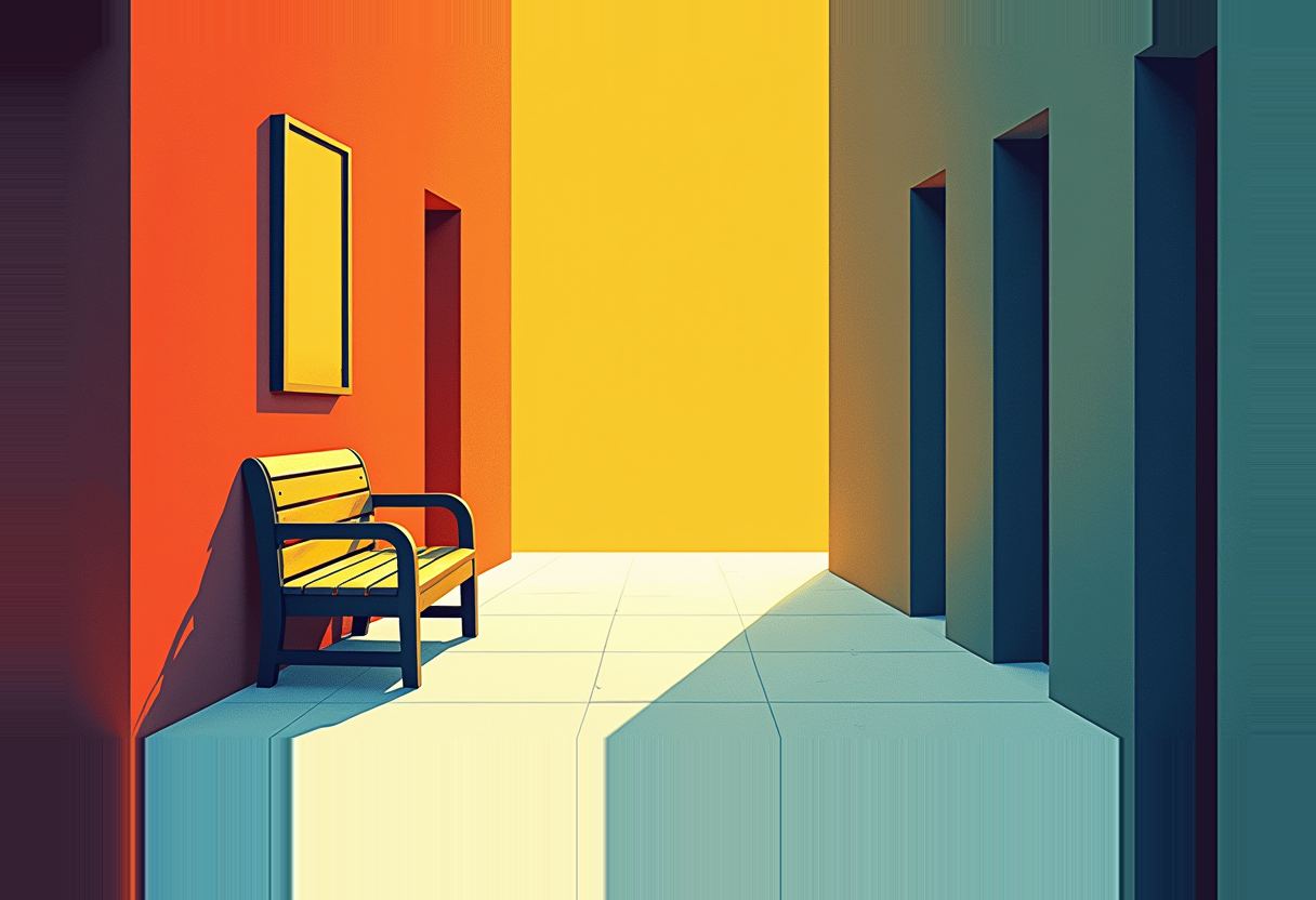 An empty yellow bench sits beside a blank yellow-framed sign in an orange-walled corridor that opens into teal architectural columns under bright light.