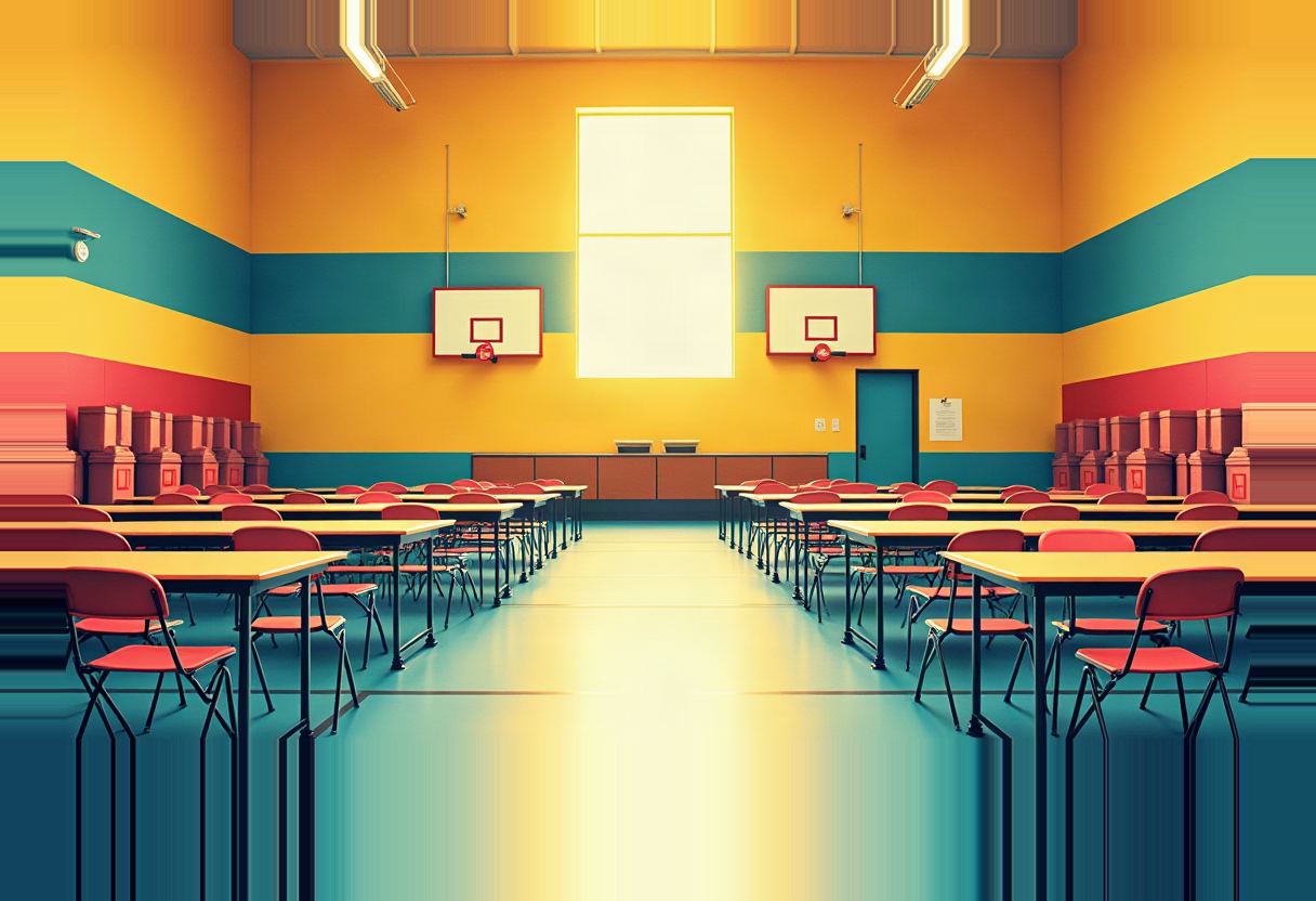 Rows of empty folding tables and red chairs fill a gymnasium with two basketball hoops and yellow, teal, and red striped walls, lit by a bright central window.