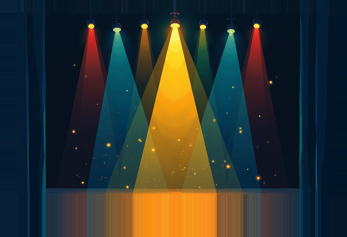 Seven stage spotlights in red, teal, and gold beam down onto an empty stage, with a central bright yellow light and drifting sparks against dark curtains.