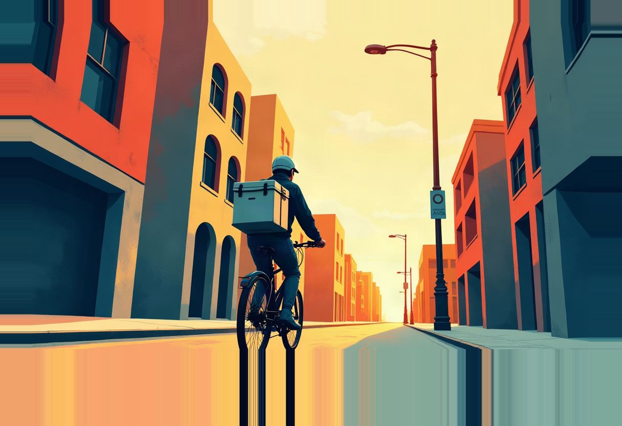 A cyclist with a helmet and a large square delivery box on their back rides down a city street lined with orange and blue buildings toward a bright horizon.