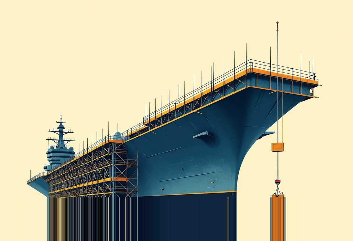 Illustration of an aircraft carrier's bow curving upward, with a control tower in the distance, orange scaffolding along the deck, and a crane lowering an orange block, on a pale yellow background.