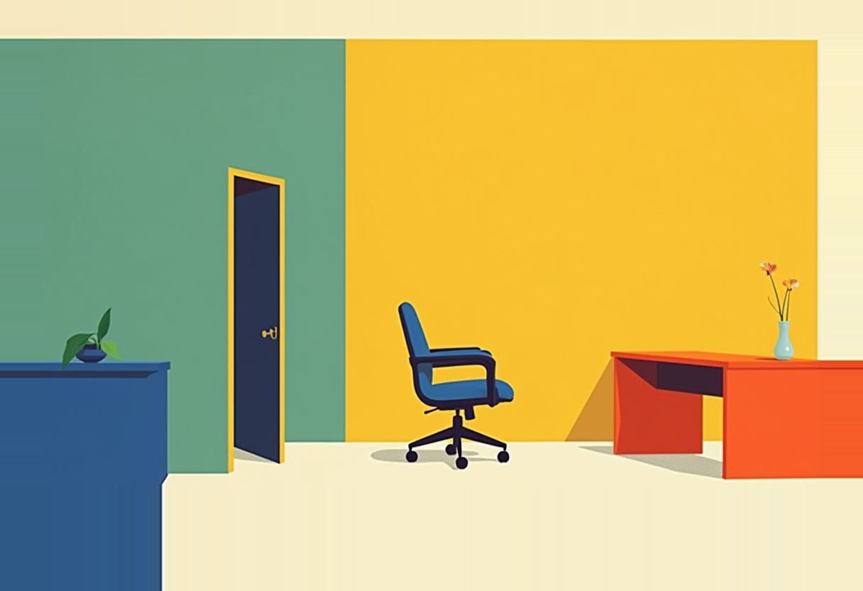 Flat illustration of an empty office with a green and yellow wall, an open dark door, an empty blue rolling chair, and an orange desk with a vase of flowers.