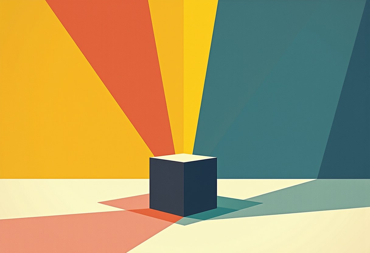 A single dark block stands on an empty floor while two coloured beams strike it from opposite sides, each casting a shadow of a different shape and colour across the floor.