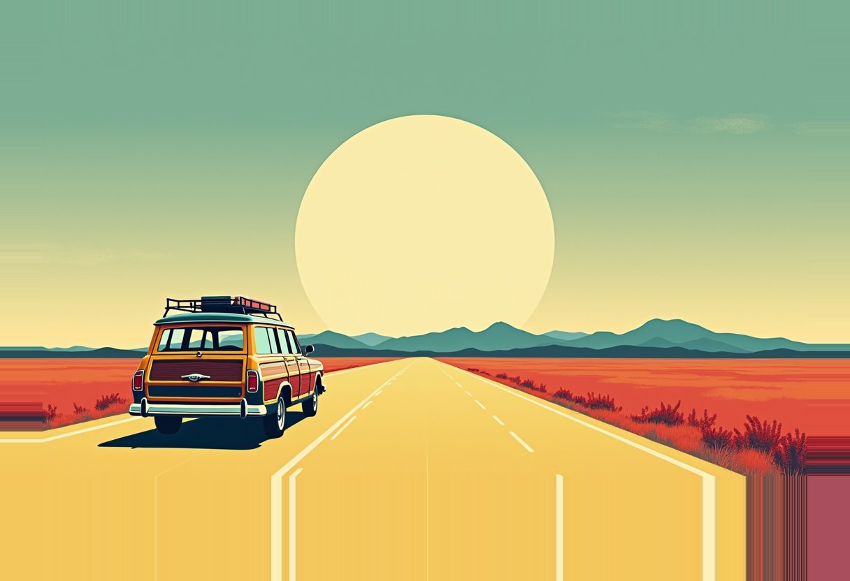 A wood-paneled station wagon with a roof rack drives away down a straight desert highway toward a huge pale sun, red-orange scrubland on both sides and blue mountains on the horizon.