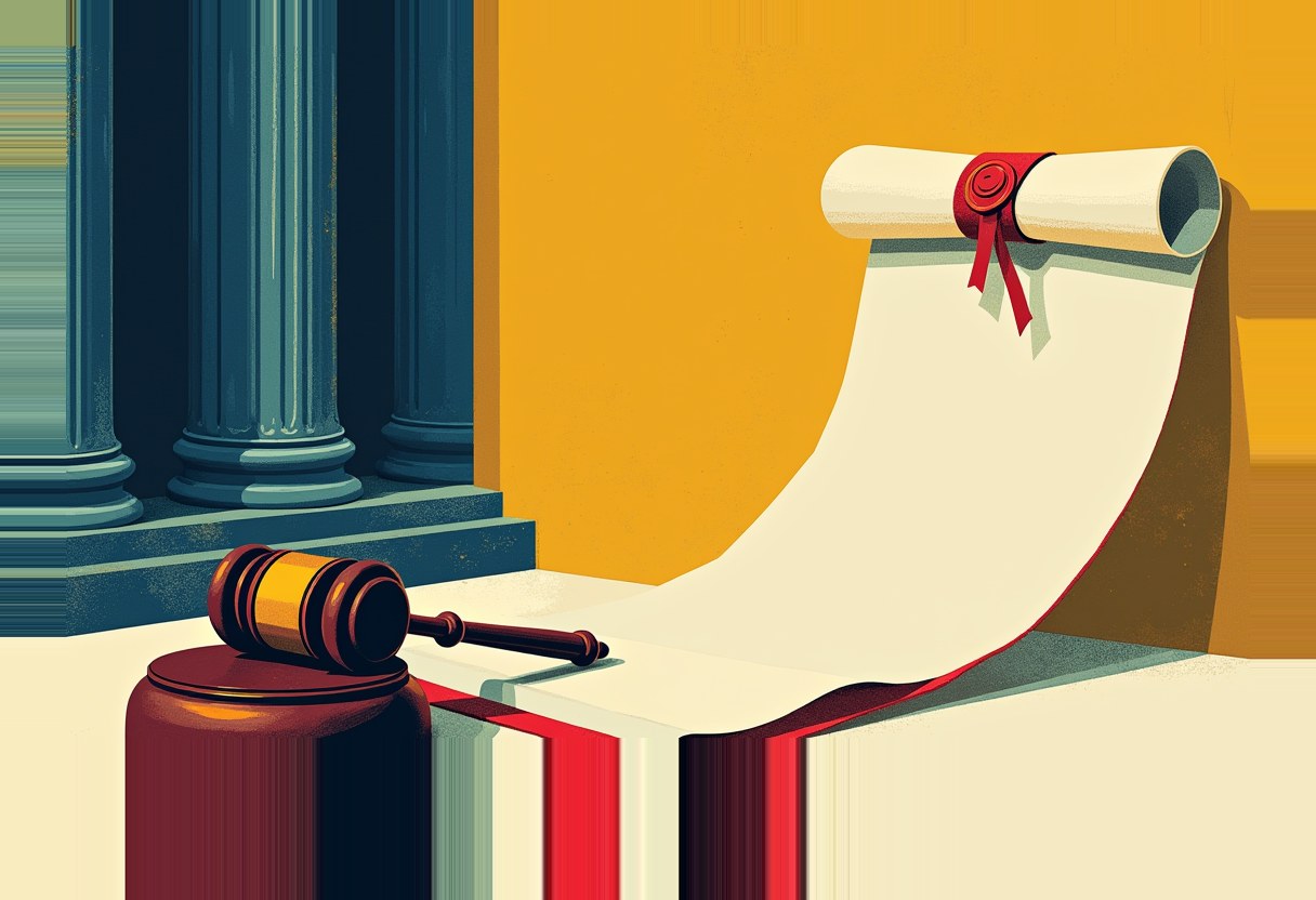 Illustration of a courthouse with columns, a gavel on a block, and a large unrolled scroll tied with a red ribbon against a yellow wall.