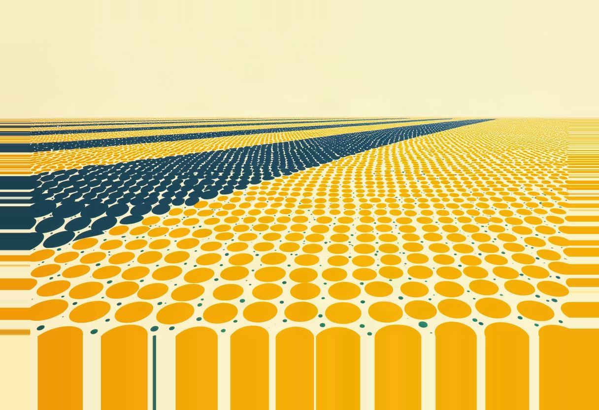A grid of orange dots receding into the distance, with a dark blue band of dots cutting across the upper-left portion, on a pale cream background.