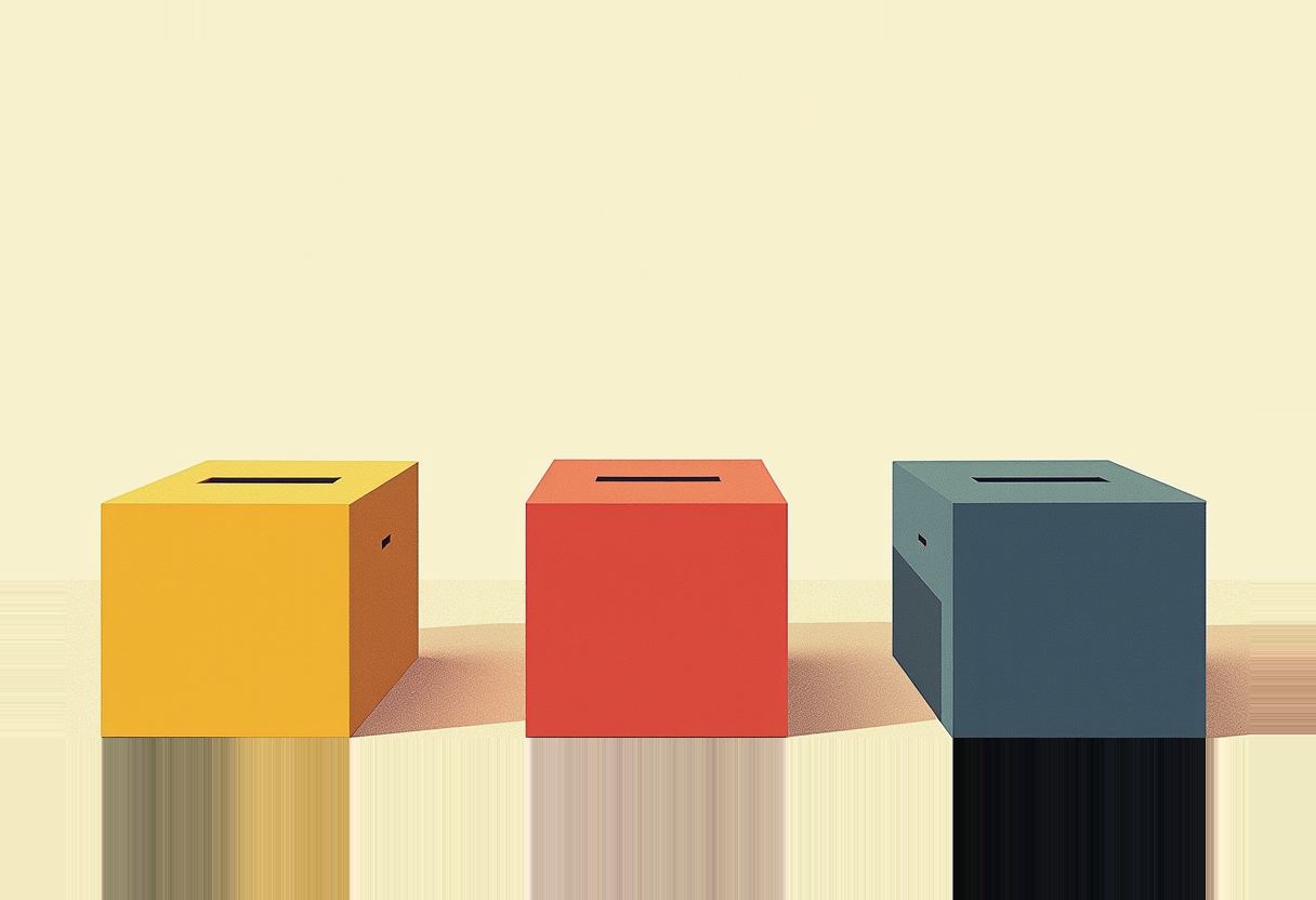 Three box-shaped ballot boxes with top slots, colored yellow, red, and dark teal, sit side by side on a pale cream background.