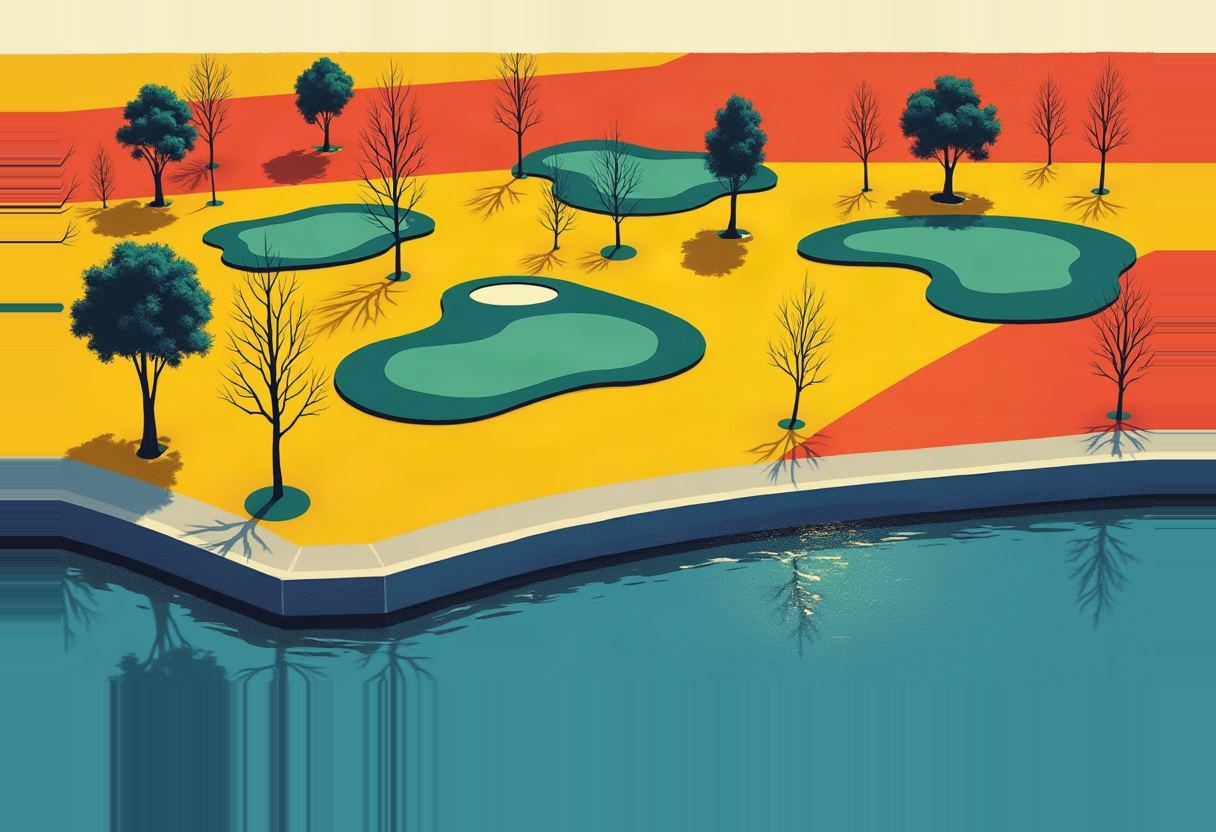 Illustrated aerial view of a riverside point of land with yellow and orange banded ground, scattered bare and leafy trees, teal pond-shaped greens with one white flag circle, bordered by a stone seawall meeting blue water.