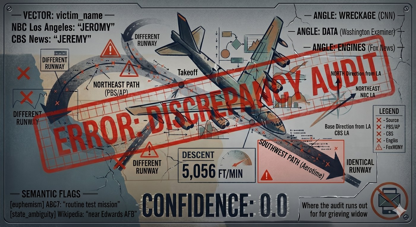 Stylized aerial schematic of a B-52 bomber over a map of the western U.S., stamped ERROR: DISCREPANCY AUDIT. It marks the cross-outlet contradictions: two flight paths (northeast vs southwest), different vs identical runways, a 5,056 ft/min descent, the victim's name spelled both Jeromy and Jeremy, and a confidence of 0.0.