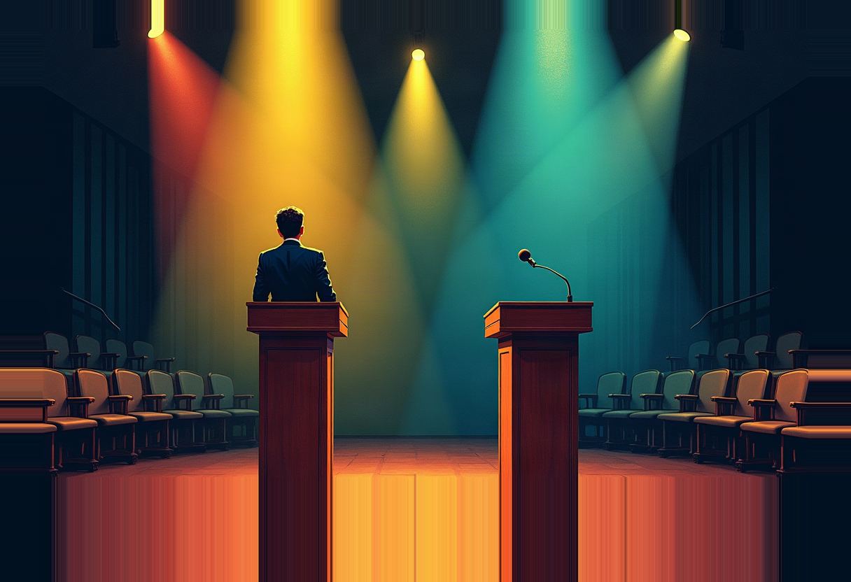 Illustration of a man in a suit standing at one of two wooden podiums on a stage, the other podium empty, under colored spotlights with rows of empty chairs on either side.
