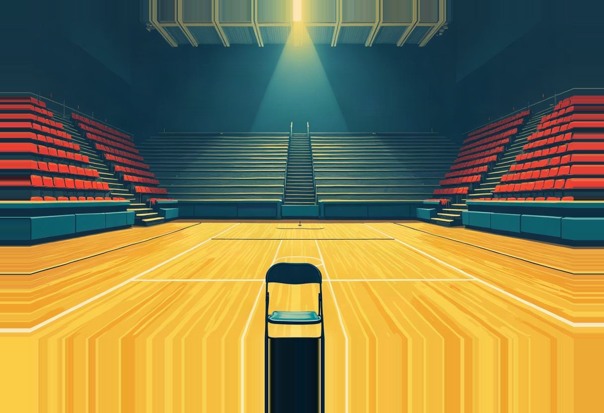 A single empty black folding chair sits at center court on a wooden gymnasium floor, flanked by empty red stadium seating under a single downward spotlight.