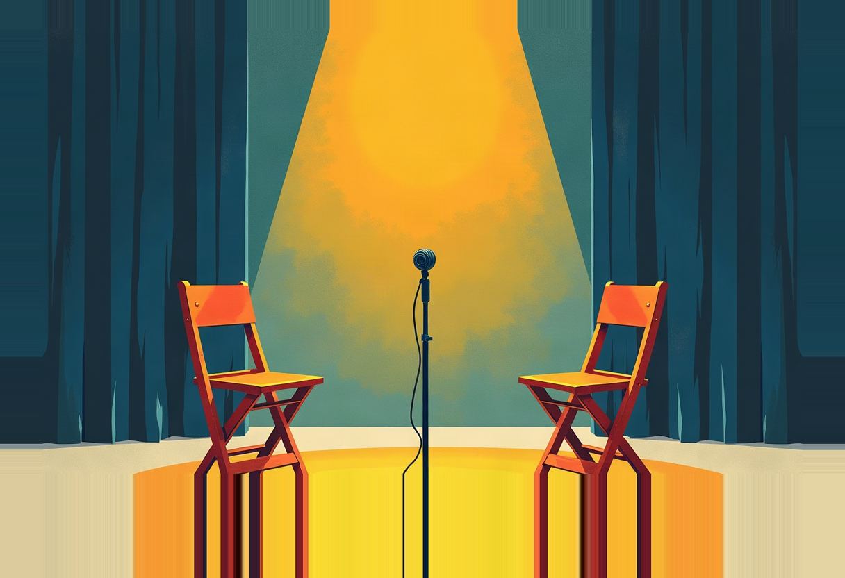 Two empty orange folding chairs flank a standing microphone on a stage lit by a yellow spotlight against dark teal curtains.