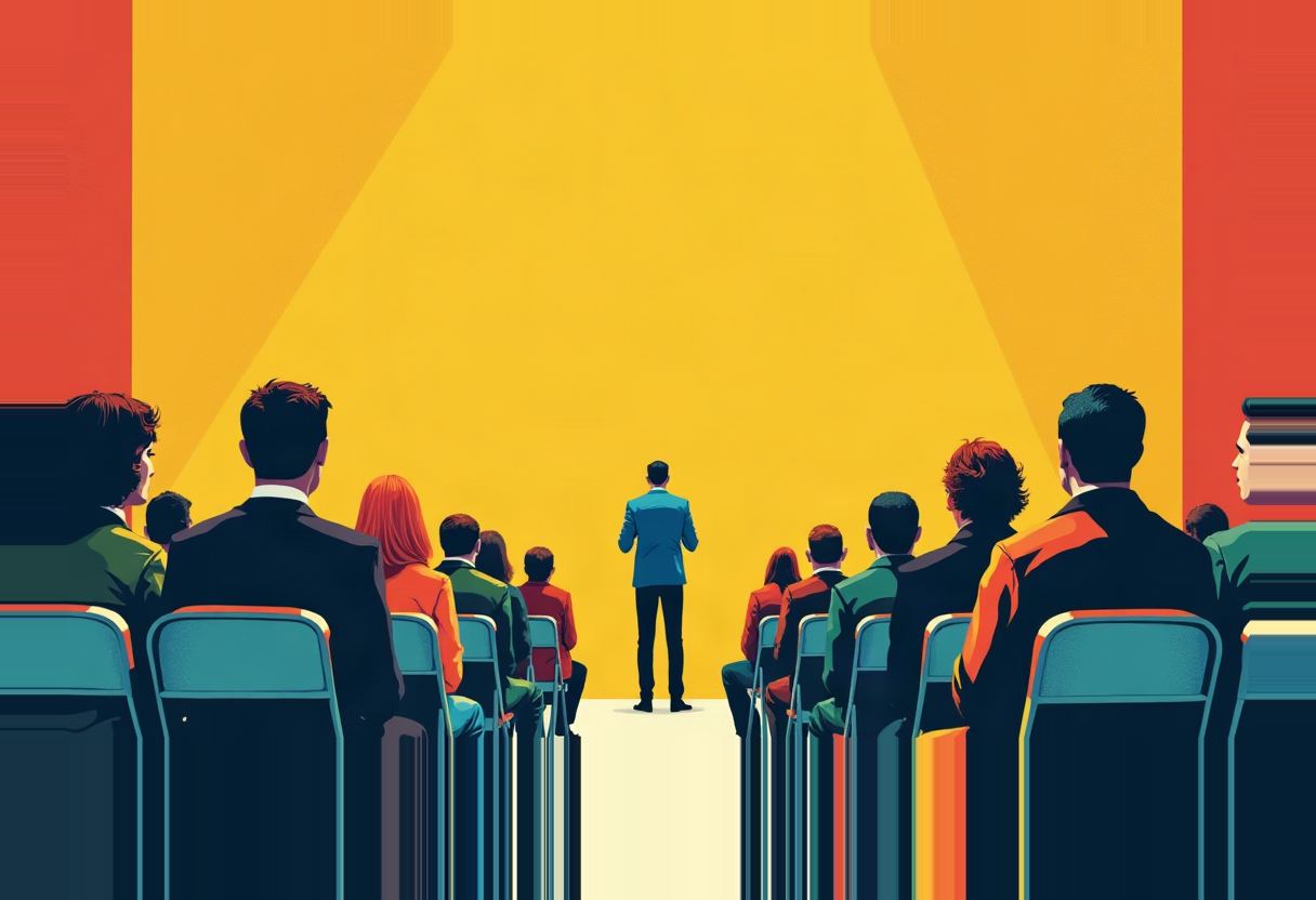 Illustration of a man in a blue jacket standing alone in a center aisle facing a glowing yellow backdrop, flanked by two rows of seated people in red, green, and orange clothing, bordered by red panels.