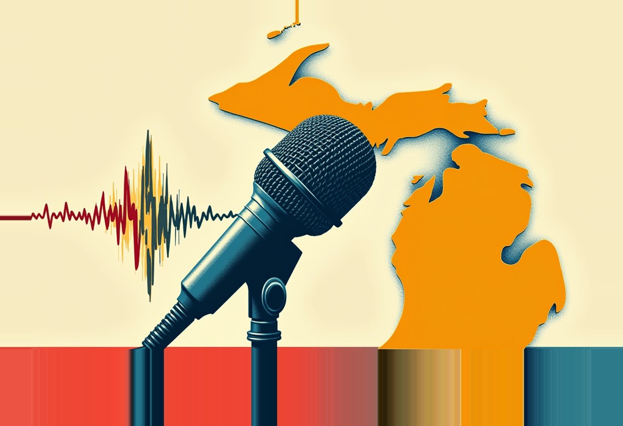 A dark microphone on a stand overlaps an orange silhouette of Michigan, with a red-yellow-blue audio waveform to the left and a red-to-teal gradient strip along the bottom.