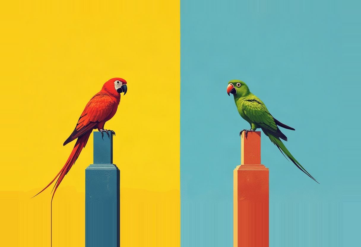 A red macaw perches on a blue pillar against yellow, facing a green parrot on an orange pillar against blue, split down the middle.
