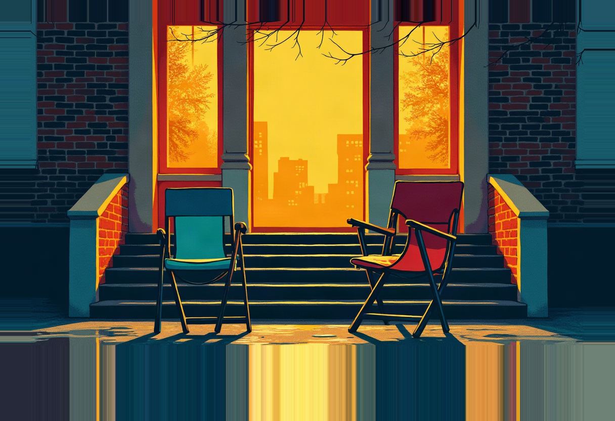 Two empty folding chairs, one teal and one dark red, face away from each other on brick steps before a glowing orange doorway with a city skyline silhouette.
