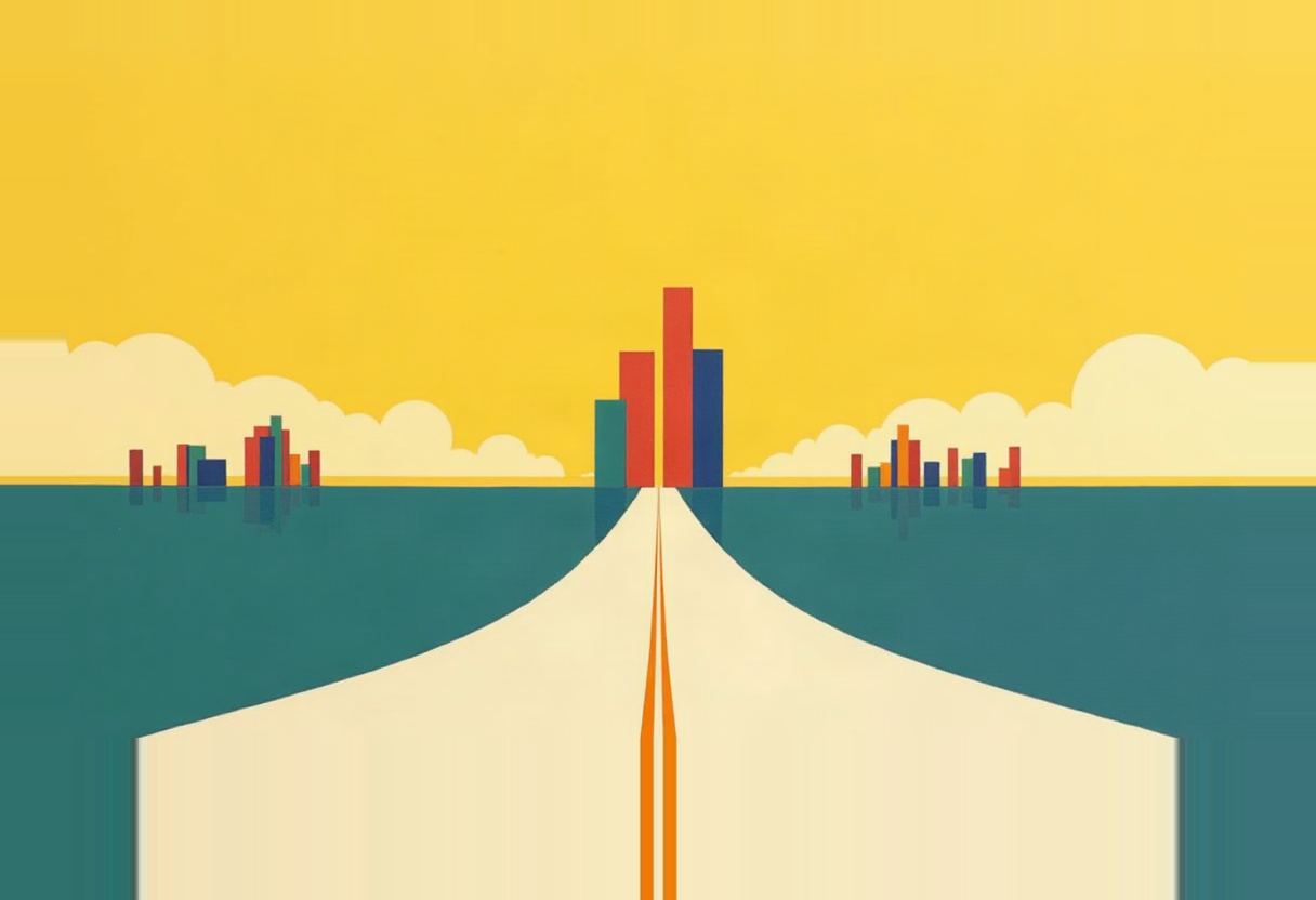 A pale road with two orange centre lines splits toward three clusters of red, blue, and teal skyline towers rising from teal water under a yellow sky with pale clouds.
