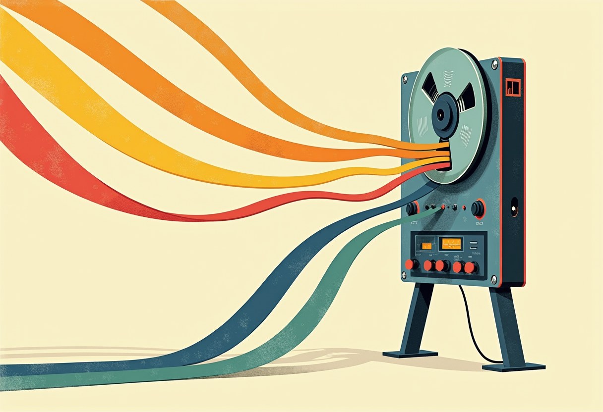 One reel of tape unspooling into many diverging colored ribbons