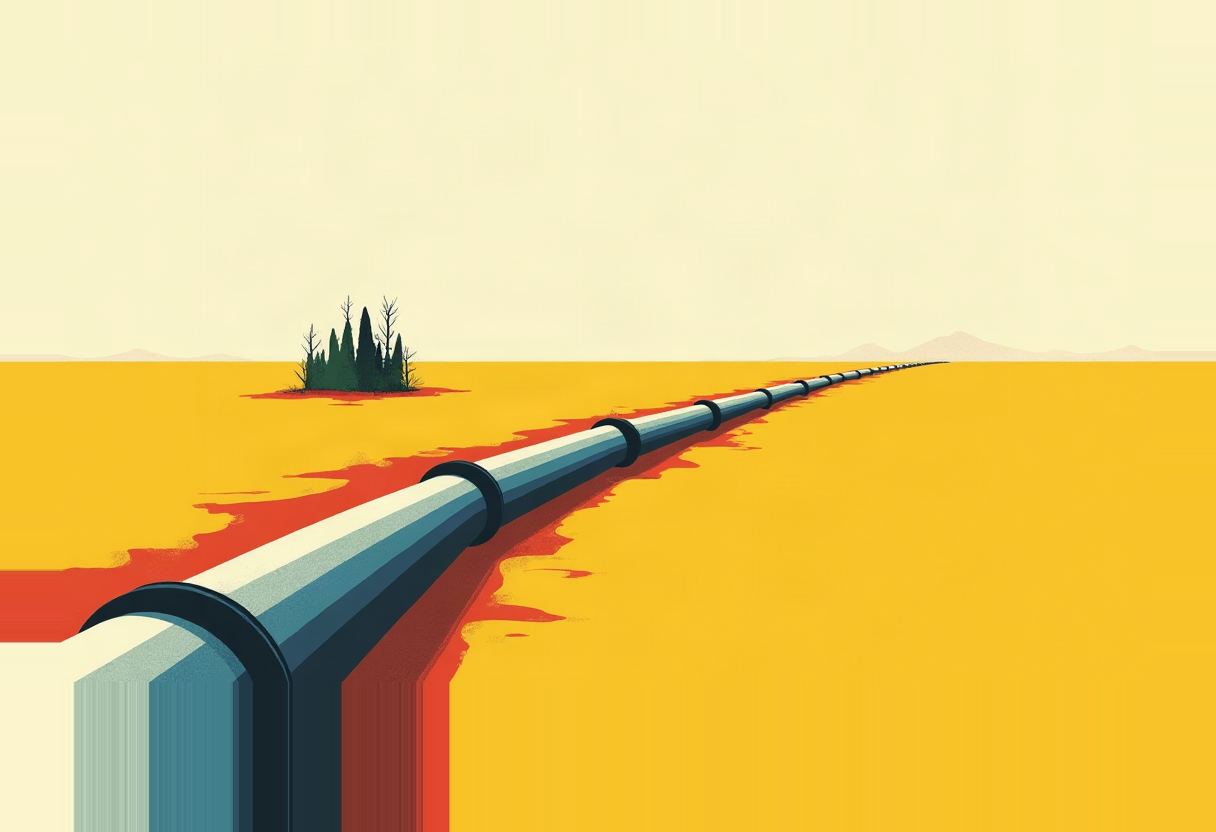 A grey industrial pipeline crosses a flat yellow landscape toward distant hills, trailing a red stain beneath it, with a small cluster of dark trees nearby.