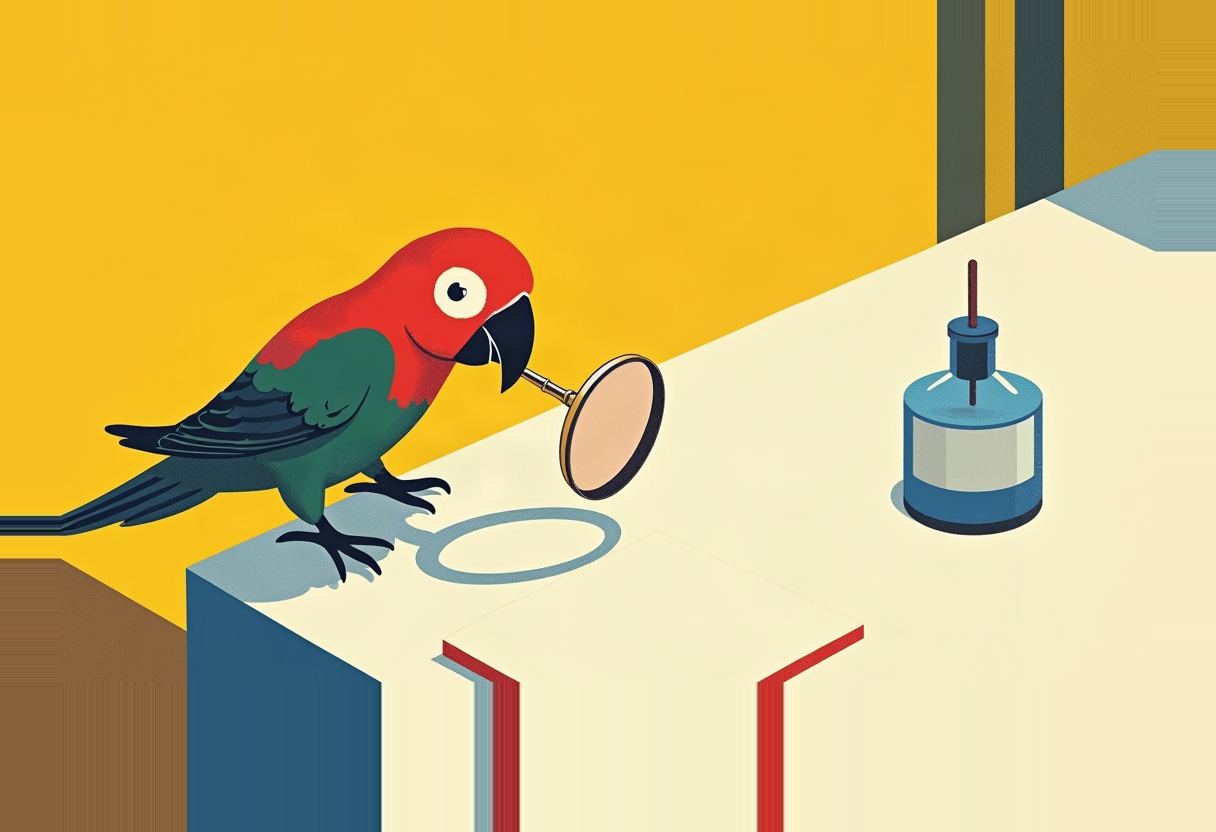 A red and green parrot holds a magnifying glass toward a blue cylindrical instrument on a pale ledge against a yellow background.