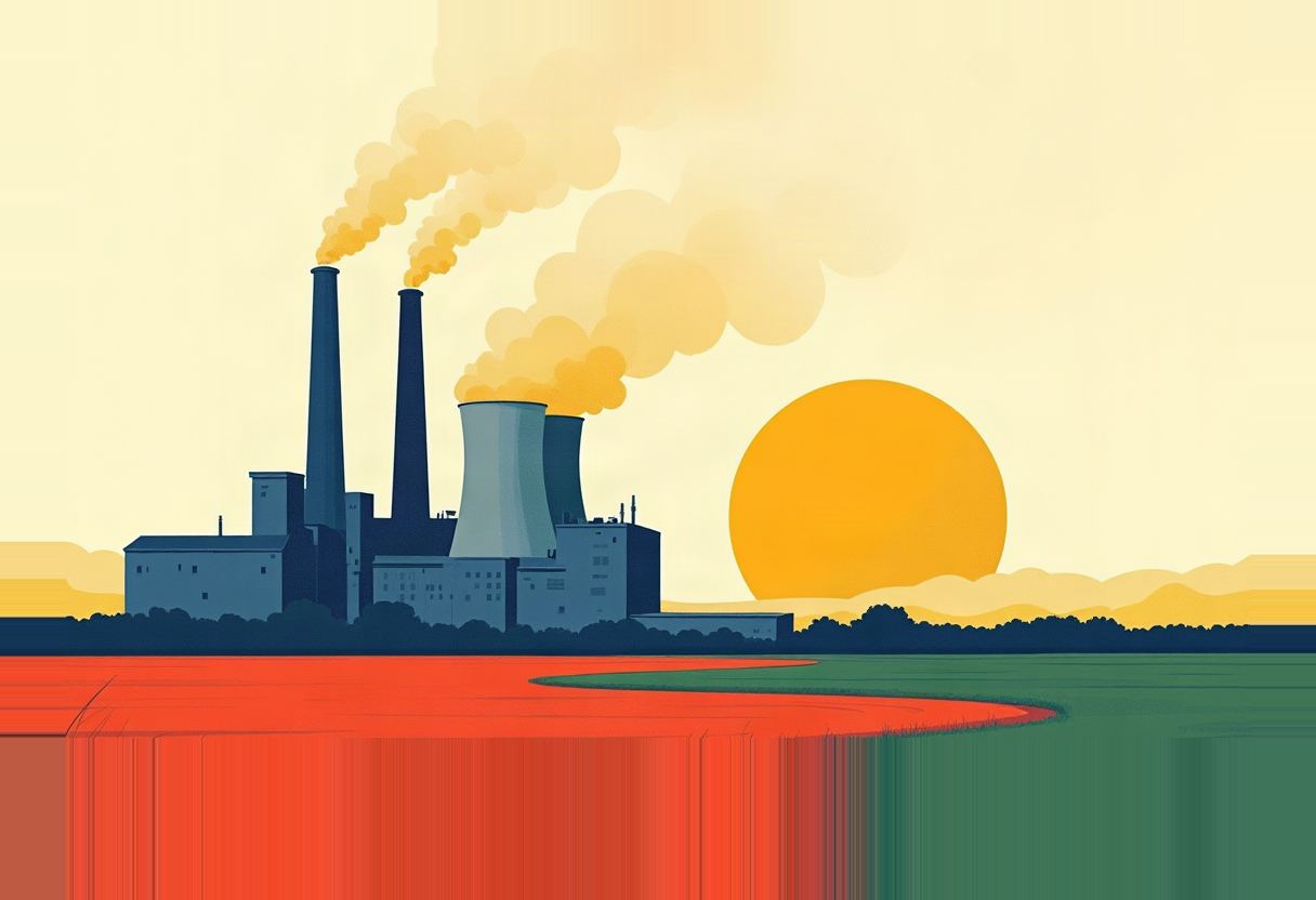 A dark power plant with two smokestacks and cooling towers emits yellow smoke against a large orange sun, above a foreground split between red and green fields.