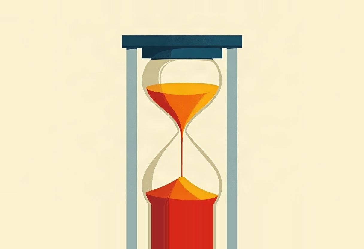 Flat risograph illustration of a tall hourglass on a warm off-white background: golden sand settled in an orderly heap in the lower bulb, loose vermilion sand still falling in two thin streams through the neck, a thin parrot-green ring marking the halfway point. Poster-flat shapes, grainy texture, generous margins.