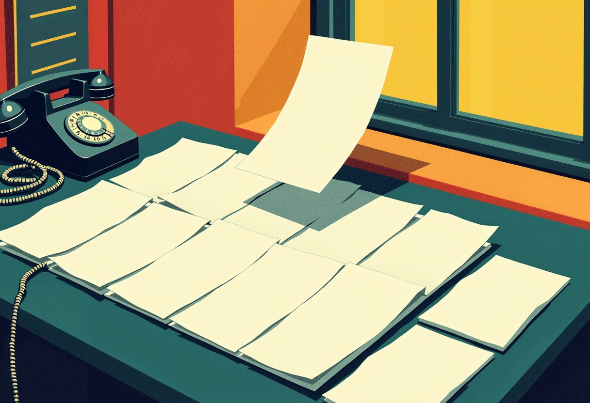 Editorial illustration: blank draft pages spread across a government desk, one page risen above the rest casting its shadow, beside a rotary telephone off the hook