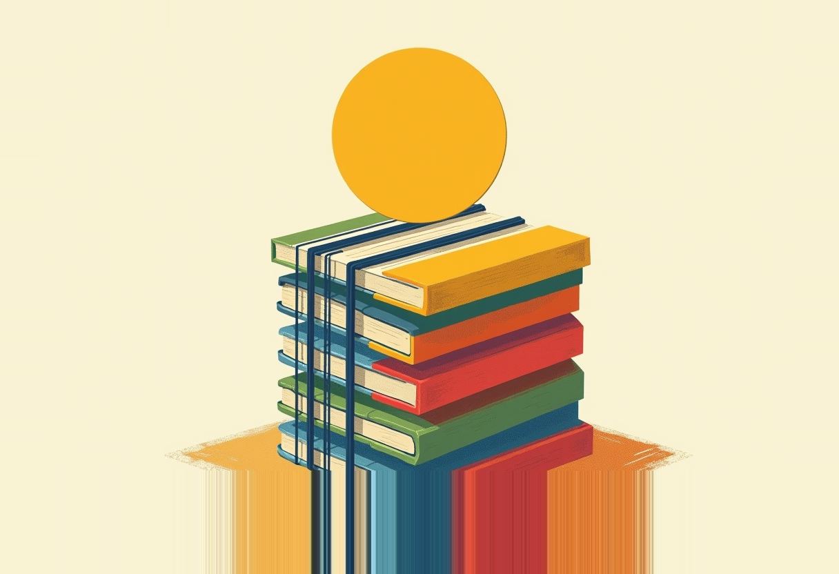 A stack of colorful books in red, blue, green, orange and yellow with a solid yellow circle balanced on top, against a pale cream background.