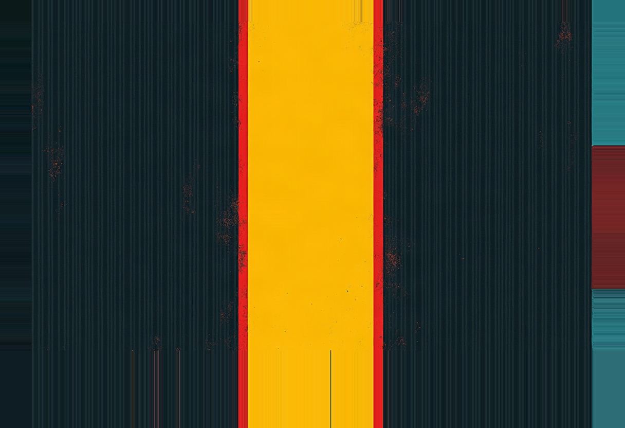A vertical yellow band bordered by thin red lines runs down the center of a dark navy striped background, with a narrow teal and maroon stripe at the right edge.
