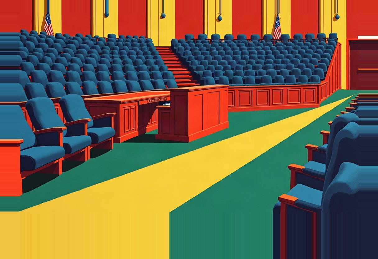 Illustration of an empty legislative chamber with rows of blue seats, red wood desks, two American flags, and a yellow-striped wall and aisle carpet.