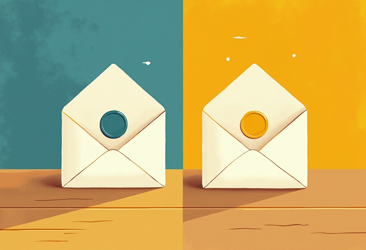 Two identical envelopes sealed with plain wax on a table, one lit blue, the other amber, facing away from each other