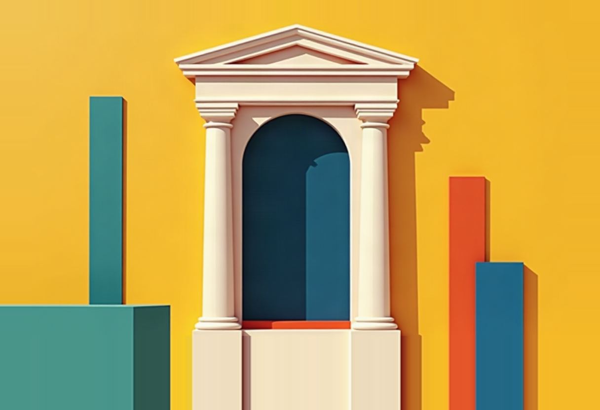 An illustrated cream-colored doorway with columns and a triangular pediment opens onto empty dark blue space, flanked by teal, orange and blue rectangular blocks against a yellow background.