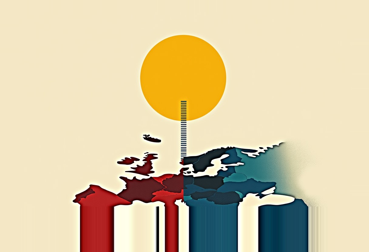 A map of Europe split red on the left and blue on the right, with a solid orange sun and a striped vertical bar above it on a cream background.