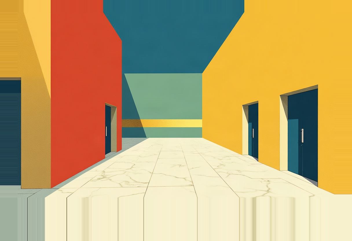 Geometric illustration of a marble corridor flanked by a red wall and yellow walls with dark blue doors, leading to a distant teal and yellow horizon.