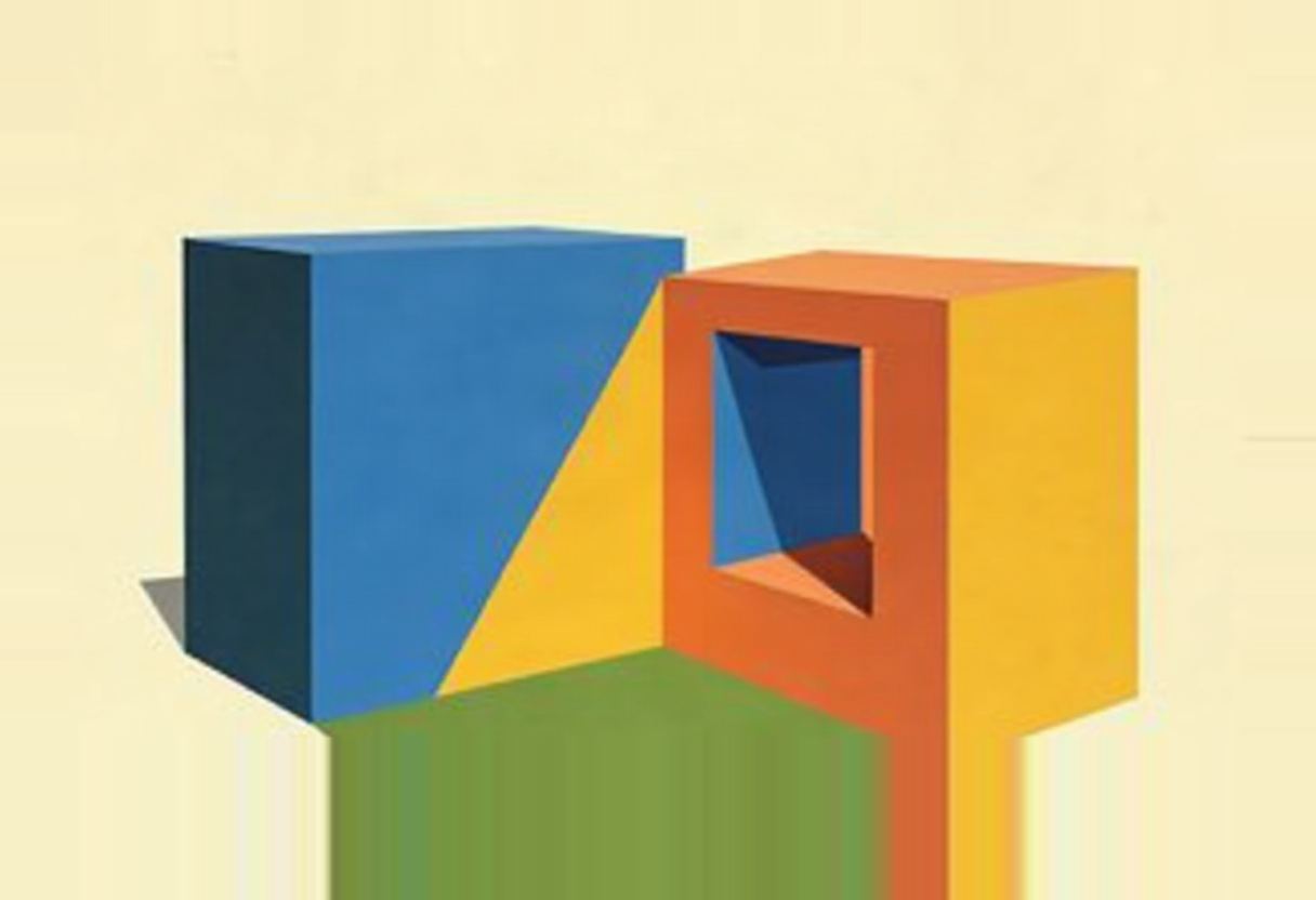 Two abstract 3D rectangular blocks on a cream background: a dark blue/light blue block on the left, and an orange/yellow block on the right with a dark blue rectangular cutout, over a green shadow shape.